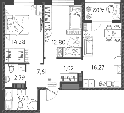Продается 3-комн. квартира, 59.5 м²
