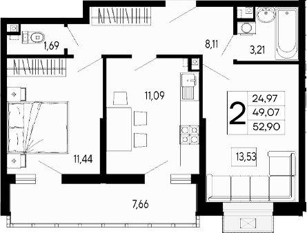 Продается 2-комн. квартира, 49.07 м²
