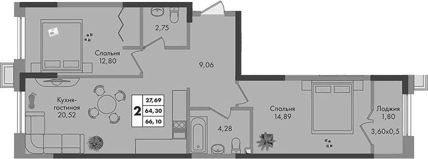 Продается 2-комн. квартира, 64.3 м²