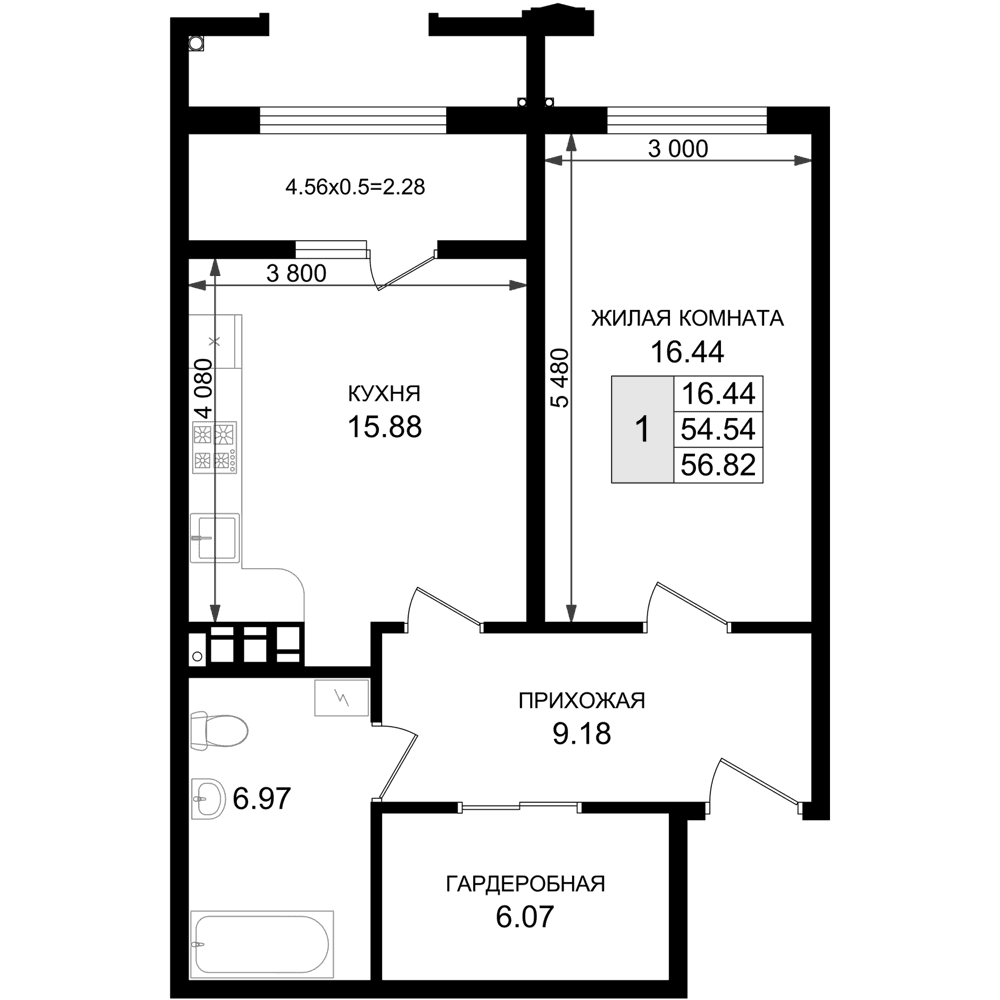 Продается 1-комн. квартира, 54.54 м²