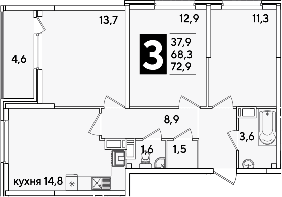 Продается 3-комн. квартира, 68.3 м²