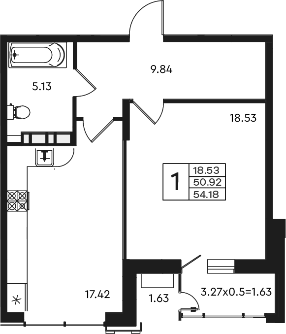 Продается 1-комн. квартира, 50.92 м²