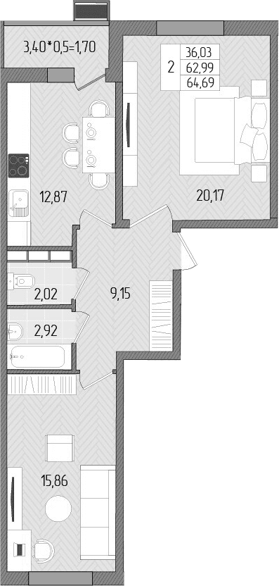 Продается 2-комн. квартира, 62.99 м²