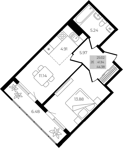 Продается 2-комн. квартира, 41.14 м²
