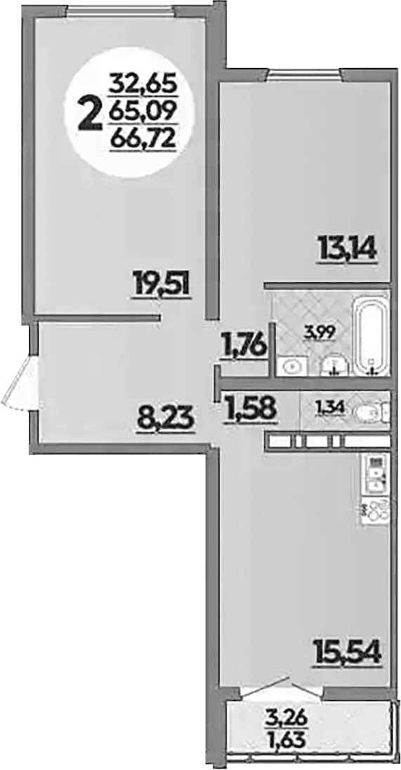 Продается 2-комн. квартира, 65.09 м²