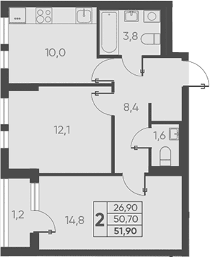Продается 2-комн. квартира, 50.7 м²