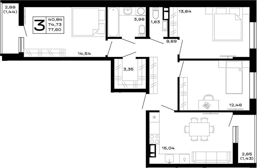 Продается 3-комн. квартира, 74.73 м²