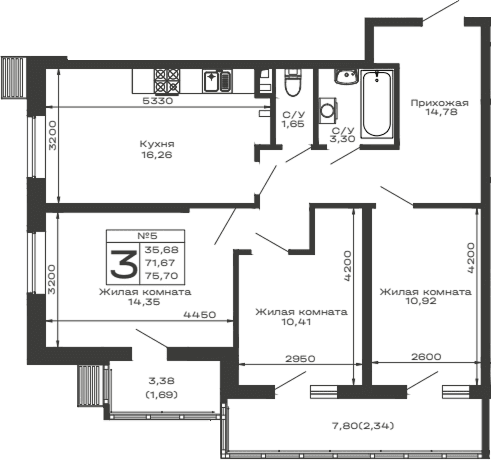 Продается 3-комн. квартира, 71.67 м²