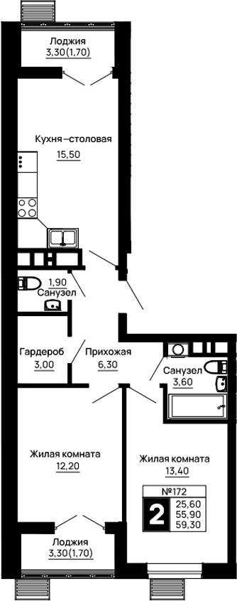 Продается 2-комн. квартира, 55.9 м²
