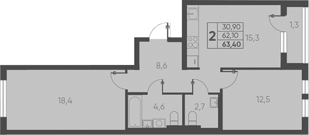 Продается 2-комн. квартира, 62.1 м²