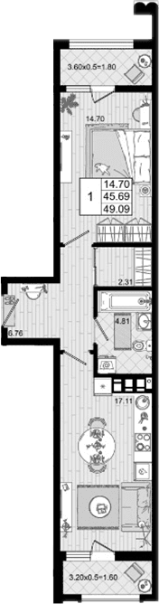 Продается 1-комн. квартира, 45.69 м²