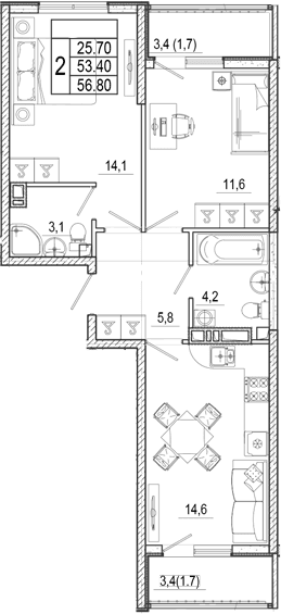 Продается 2-комн. квартира, 53.4 м²