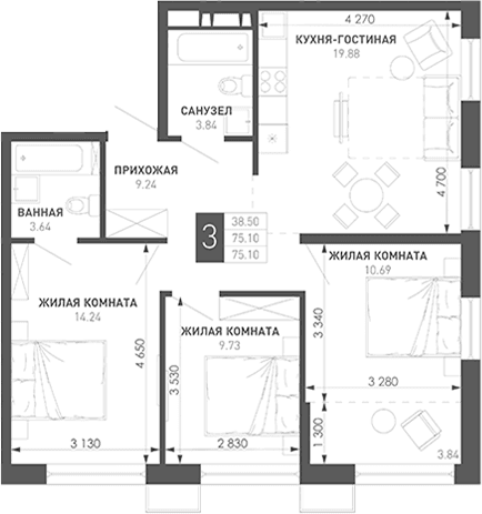 Продается 3-комн. квартира, 77.57 м²