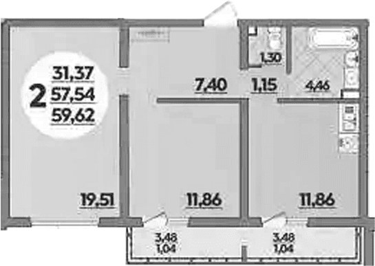 Продается 2-комн. квартира, 57.54 м²
