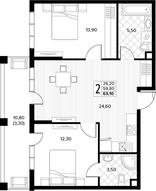 Продается 2-комн. квартира, 59.8 м²