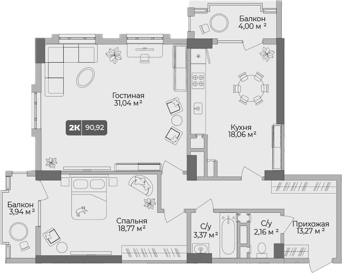 Продается 2-комн. квартира, 88.54 м²