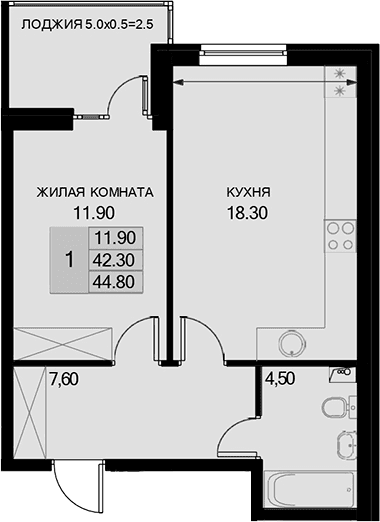 Продается 1-комн. квартира, 42.3 м²