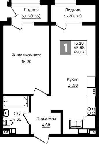 Продается 1-комн. квартира, 45.68 м²