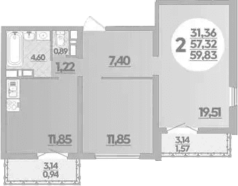 Продается 2-комн. квартира, 57.32 м²