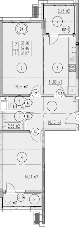 Продается 2-комн. квартира, 59.46 м²