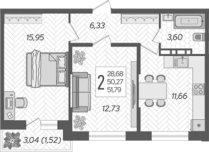 Продается 2-комн. квартира, 50.27 м²