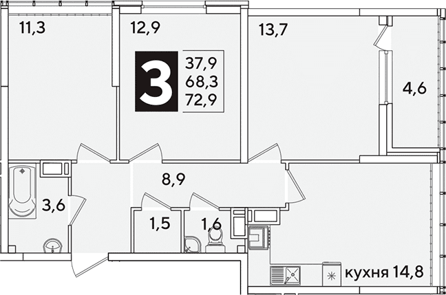 Продается 3-комн. квартира, 68.3 м²