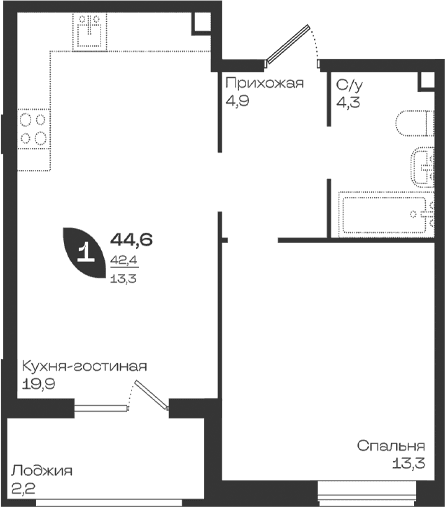 Продается 1-комн. квартира, 42.4 м²