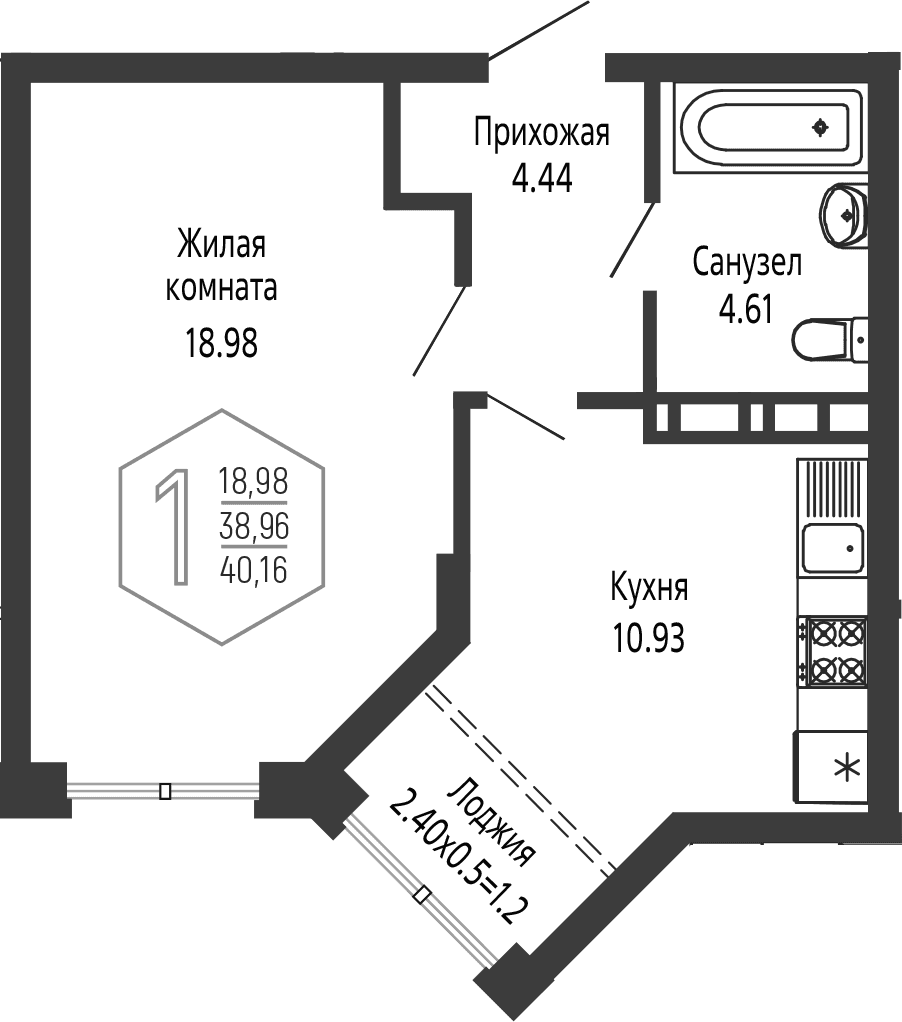 Продается 1-комн. квартира, 38.96 м²