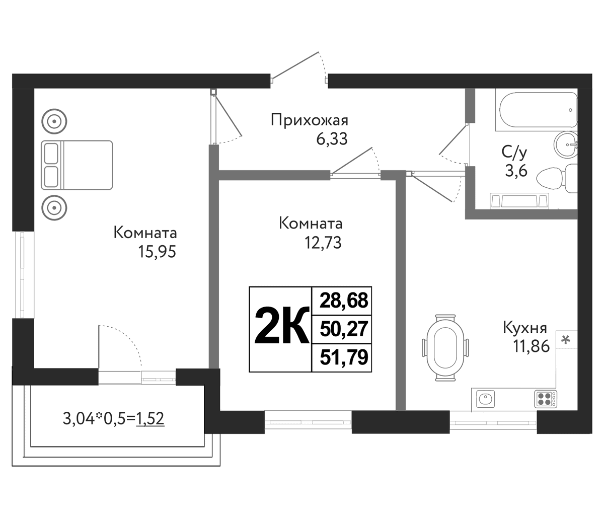 Продается 2-комн. квартира, 50.27 м²