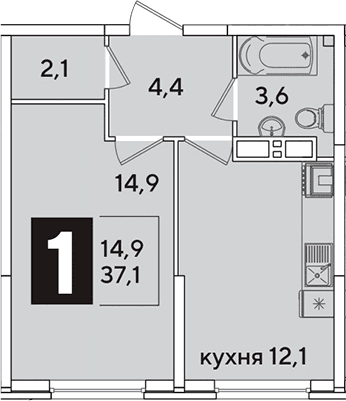 Продается 1-комн. квартира, 37.1 м²