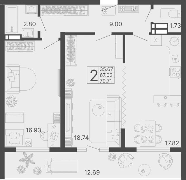 Продается 2-комн. квартира, 67.02 м²