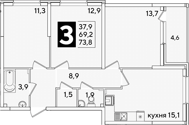Продается 4-комн. квартира, 69.2 м²