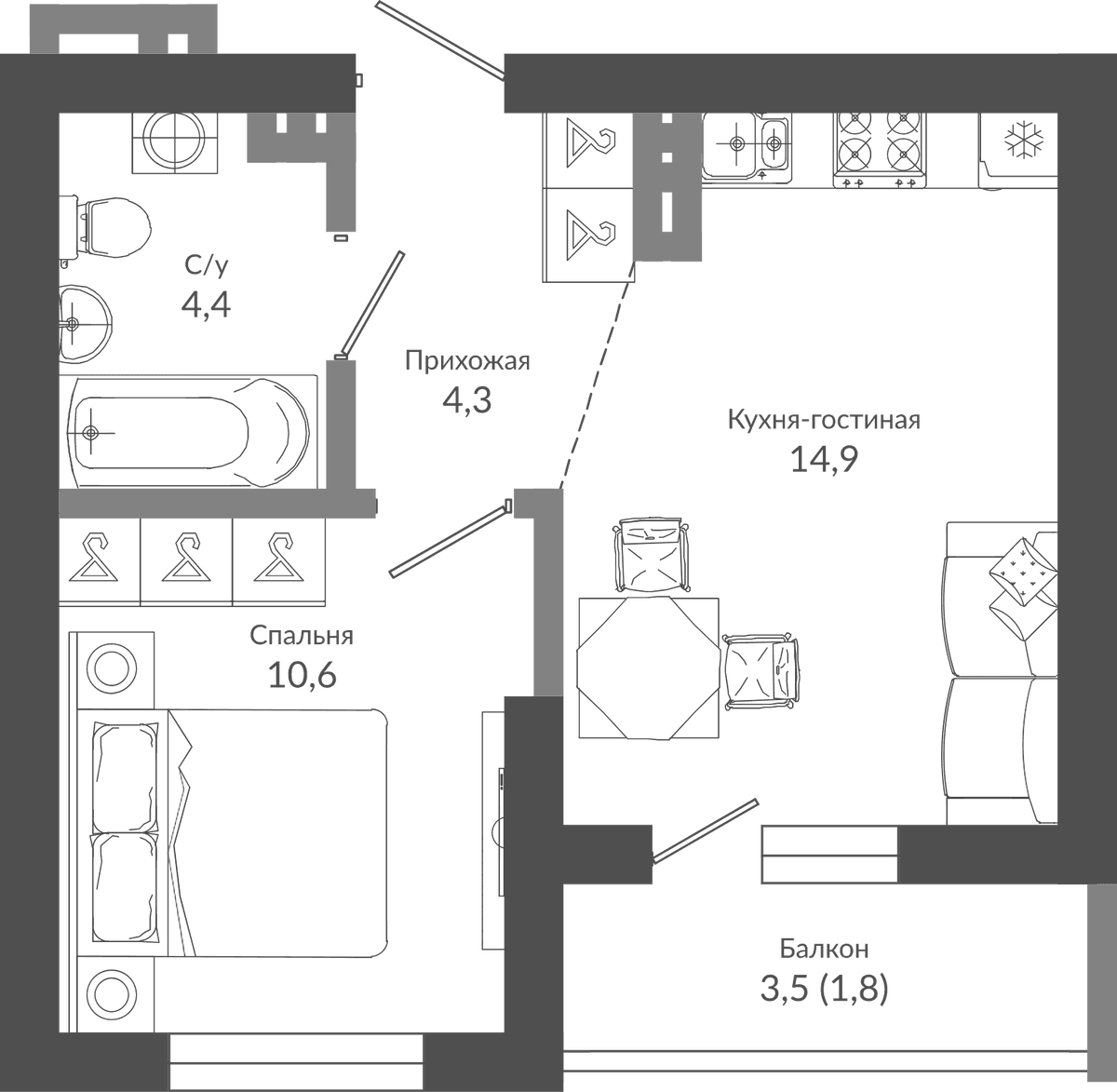 Продается 1-комн. квартира, 34.2 м²