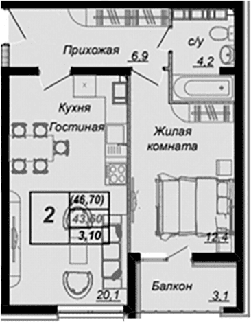 Продается 1-комн. квартира, 42.1 м²
