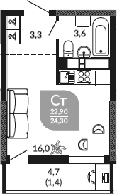 Продается 1-комн. квартира, 22.9 м²