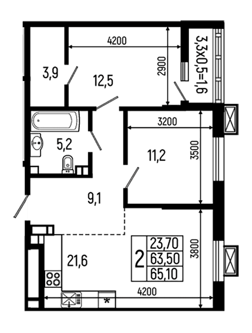 Продается 2-комн. квартира, 63.5 м²