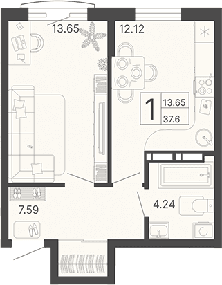 Продается 1-комн. квартира, 37.6 м²