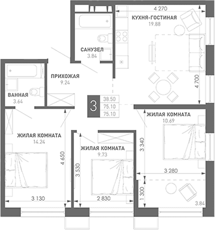 Продается 3-комн. квартира, 77.57 м²
