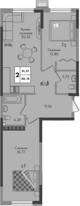 Продается 2-комн. квартира, 68.18 м²