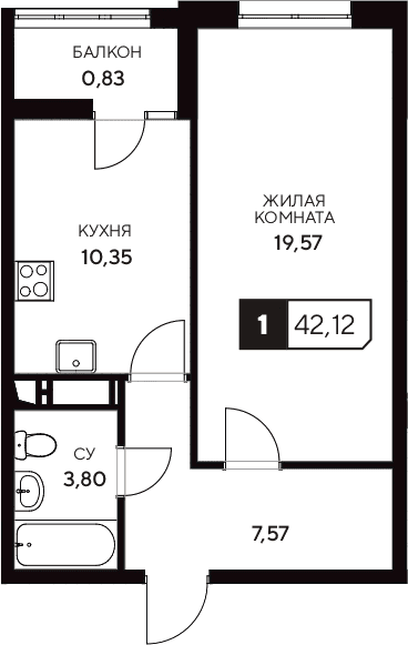 Продается 1-комн. квартира, 41.29 м²