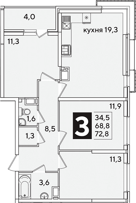 Продается 4-комн. квартира, 68.8 м²