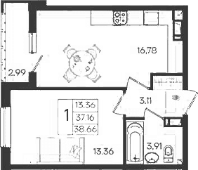 Продается 1-комн. квартира, 37.16 м²