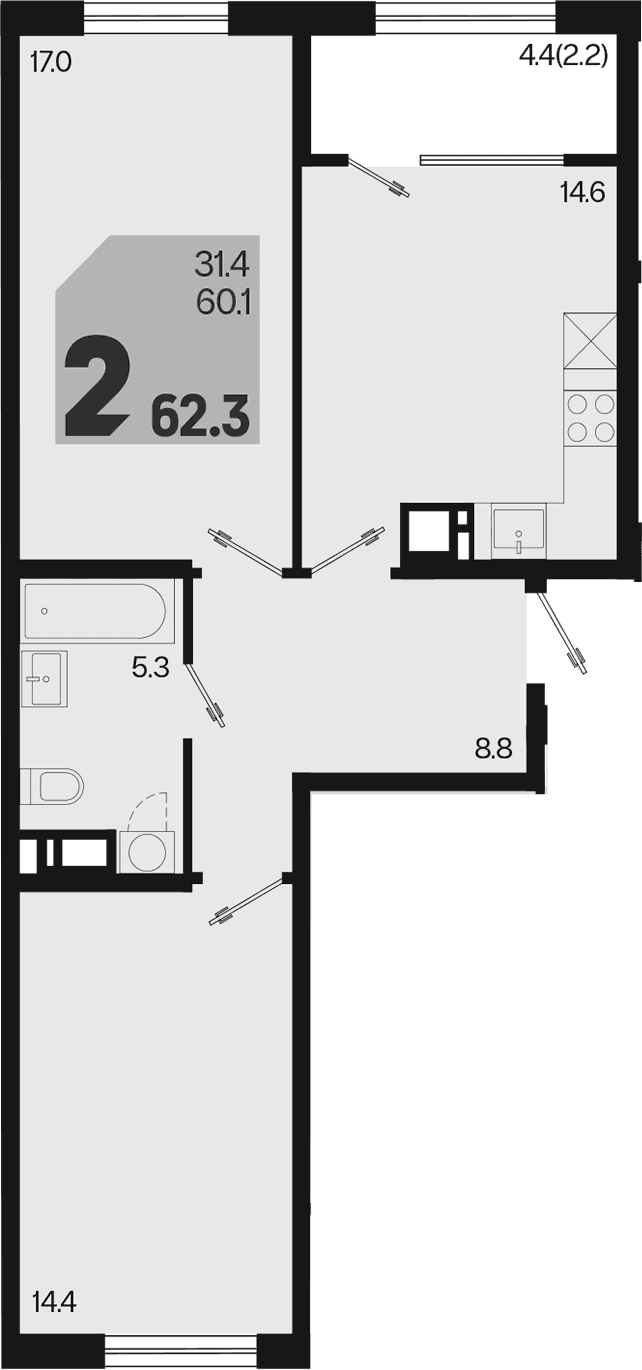 Продается 2-комн. квартира, 60.1 м²