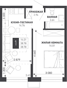 Продается 1-комн. квартира, 39.69 м²