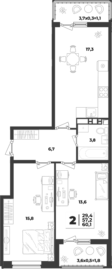 Продается 2-комн. квартира, 57.2 м²