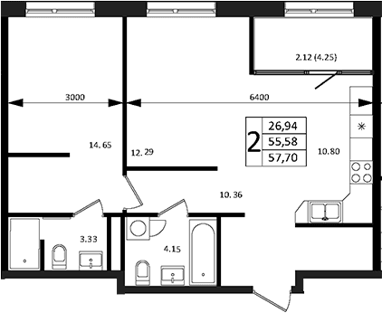 Продается 2-комн. квартира, 55.58 м²