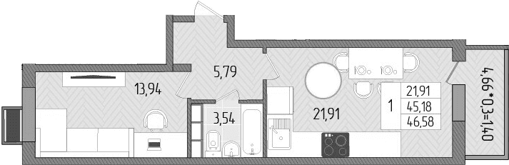 Продается 1-комн. квартира, 45.18 м²