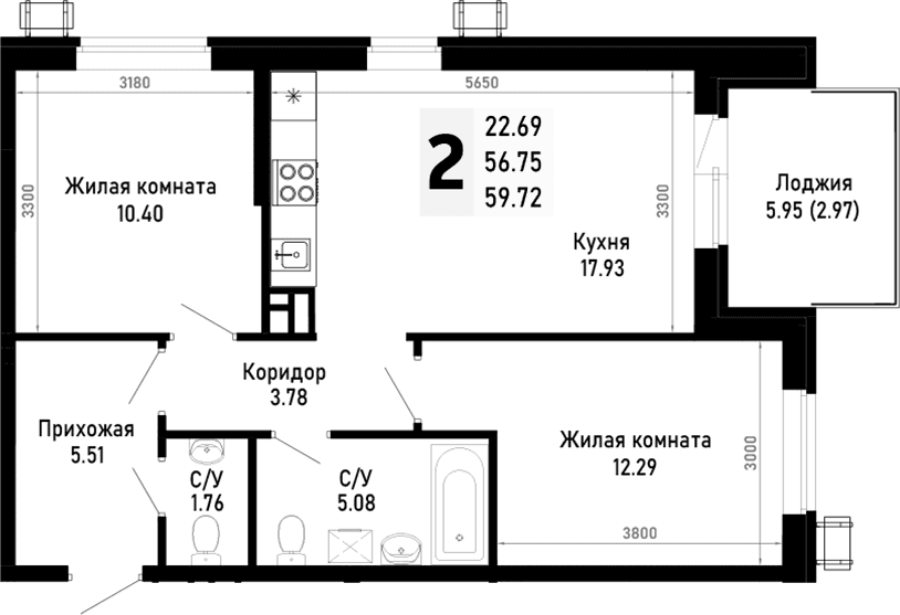 Продается 2-комн. квартира, 56.75 м²