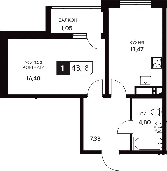 Продается 1-комн. квартира, 42.13 м²