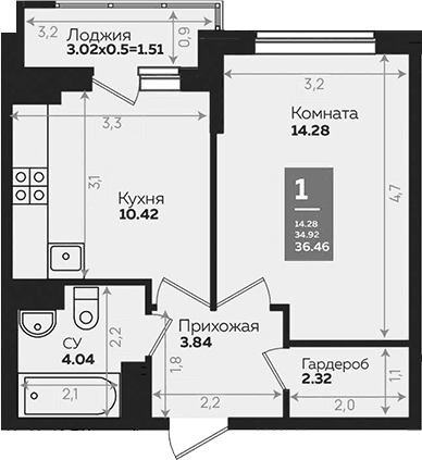 Продается 1-комн. квартира, 35.01 м²